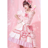 Pink Attack ~ Sweet Lolita Skirt and Top Set Plaid Asymmetrical Short Sleeve Full Set