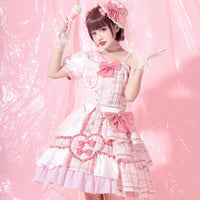 Pink Attack ~ Sweet Lolita Skirt and Top Set Plaid Asymmetrical Short Sleeve Full Set