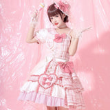 Pink Attack ~ Sweet Lolita Skirt and Top Set Plaid Asymmetrical Short Sleeve Full Set