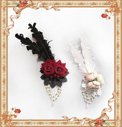 Lolita Rosette Brooch with Feather and Chain by Infanta