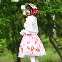 Sweet Short Pink Skirt Mori Girl Strawberry Printed A line Lolita Skirt