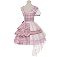 Pink Attack ~ Sweet Lolita Skirt and Top Set Plaid Asymmetrical Short Sleeve Full Set