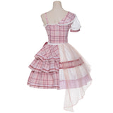 Pink Attack ~ Sweet Lolita Skirt and Top Set Plaid Asymmetrical Short Sleeve Full Set