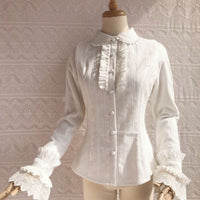 Sweet Ruffled Fleeced Women's Blouse Long Sleeve Button Down Cotton Lolita Shirt