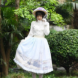 Travelling ~ Elegant Long Skirt Printed Lady's Midi A line Lolita Skirt w Mesh Overlay