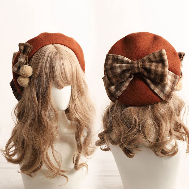Vintage Beret Hat Plaid Bow Winter Hat display picture 2