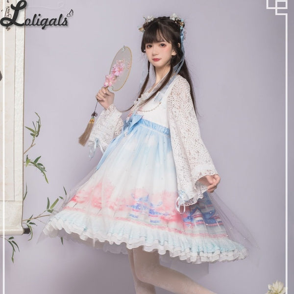 Jade Palace ~ Qi Style Long Sleeve Lolita Dress Printed Fairy Retro Chiffon Dress