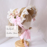 Elegant Lolita Bonnet Hat with Ruffled Lace Trimming Sweet Straw Hat