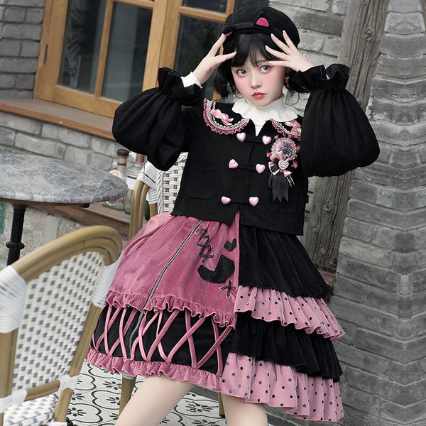 Strawberry Bomb ~ Sweet Color Block Lolita JSK Dress with Long Sleeve ...
