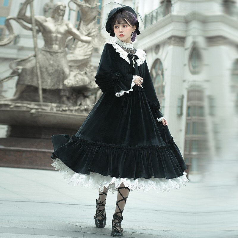 Romantic Encounter ~ Elegant Long Sleeve Velvet Dress Classic Lolita Dress