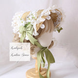 Elegant Lolita Bonnet Hat with Ruffled Lace Trimming Sweet Straw Hat