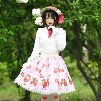 Sweet Short Pink Skirt Mori Girl Strawberry Printed A line Lolita Skirt