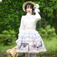 Sweet Butterfly Printed A line Skirt Mori Girl Short Skirt with Lace Trimming