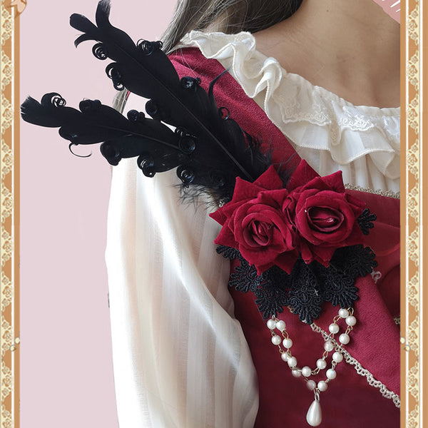 Lolita Rosette Brooch with Feather and Chain by Infanta