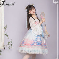 Jade Palace ~ Qi Style Long Sleeve Lolita Dress Printed Fairy Retro Chiffon Dress