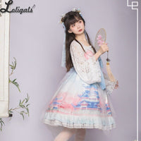 Jade Palace ~ Qi Style Long Sleeve Lolita Dress Printed Fairy Retro Chiffon Dress