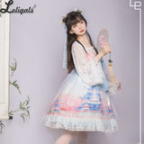 Jade Palace ~ Qi Style Long Sleeve Lolita Dress Printed Fairy Retro Chiffon Dress