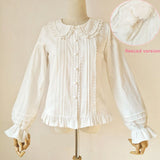 Cotton Lolita Shirt Peter Pan Collar Fleeced Long Sleeve Blouse for Women