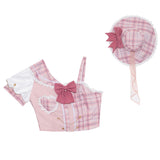 Pink Attack ~ Sweet Lolita Skirt and Top Set Plaid Asymmetrical Short Sleeve Full Set