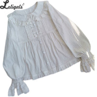 Long Sleeve Lolita Blouse White Cotton Top for Women