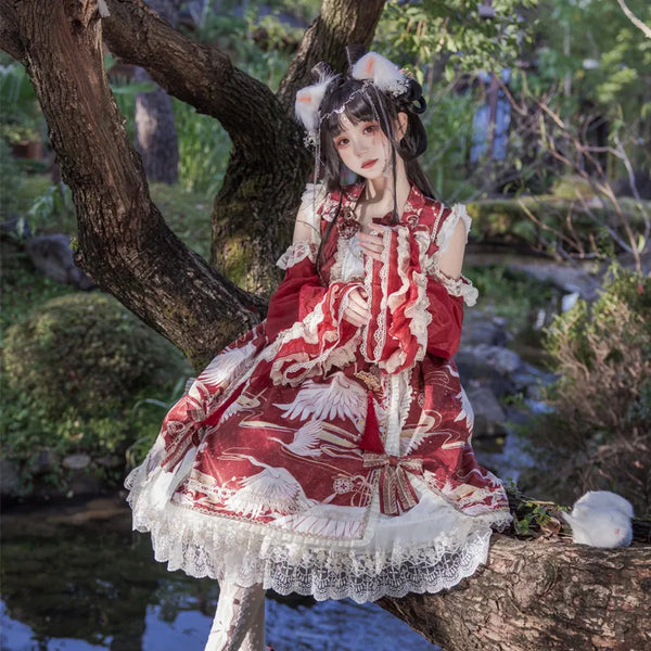 Flying White Cranes ~ Tranditional Chinese Style Cold Shoulder Lolita OP Dress by OCELOT