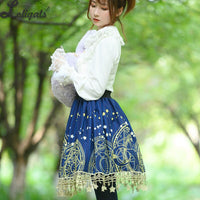Sweet Short Skirt Navy Blue Star & Moon Printed A line Lolita Skirt w. Tassels