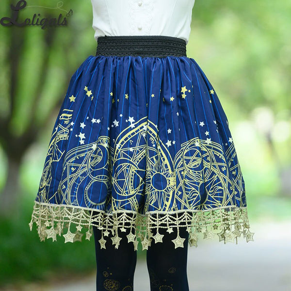 Sweet Short Skirt Navy Blue Star & Moon Printed A line Lolita Skirt w. Tassels