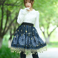 Sweet Short Skirt Navy Blue Magic Circle Printed A line Lolita Skirt w. Tassels