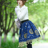 Sweet Short Skirt Navy Blue Moon Printed A line Lolita Skirt w. Tassels