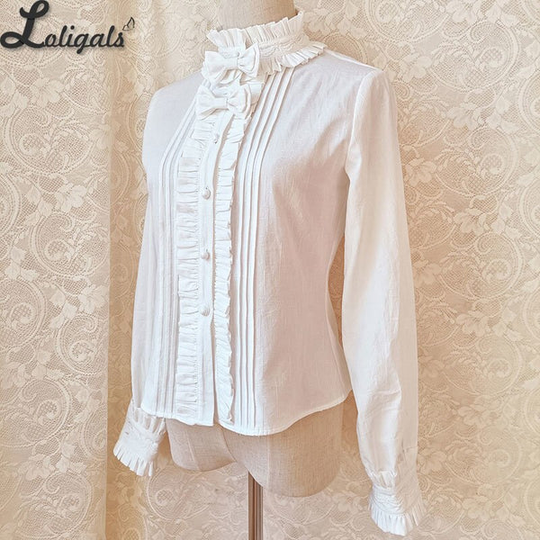 White Long Sleeve Cotton Shirt Stand Collar Lolita Blouse