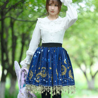 Sweet Short Skirt Navy Blue Moon Printed A line Lolita Skirt w. Tassels