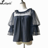 Vintage Lolita Blouse Illusion Neck Short Sleeve Sheer Top by Infanta