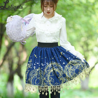 Sweet Short Skirt Navy Blue Star & Moon Printed A line Lolita Skirt w. Tassels