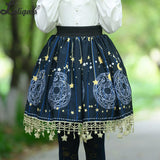 Sweet Short Skirt Navy Blue Magic Circle Printed A line Lolita Skirt w. Tassels
