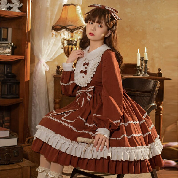 long sleeve loltia dresses Sweet Lolita Dresses Long Sleeves Bows Sweet Dress White Color Block Lolita Dress