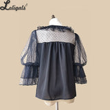 Vintage Lolita Blouse Illusion Neck Short Sleeve Sheer Top by Infanta