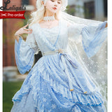 Frozen Throne ~ Fairy Sky Blue Snowflake Embroidered Ombre Lolita Cold Shoulder OP Dress