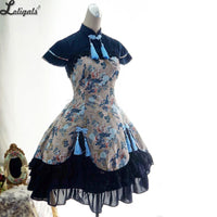 Classic Half Sleeve Layered Black Qi Style Floral Printed One Piece Lolita Dress with Tassels