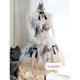 Sweet Chinese Style Dragon and Landscape Keyhole Neck Ink Printed Long Sleeve Lolita Dress with Laceup Back