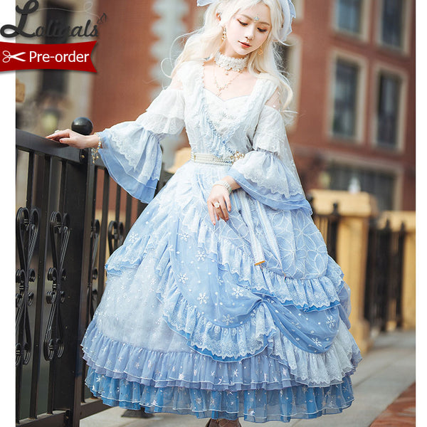 Frozen Throne ~ Fairy Sky Blue Snowflake Embroidered Ombre Lolita Cold Shoulder OP Dress