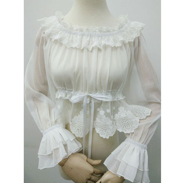 Summer Off the Shoulder White Lolita Lace Blouse with Long Flare Sleeve Elastic Waist