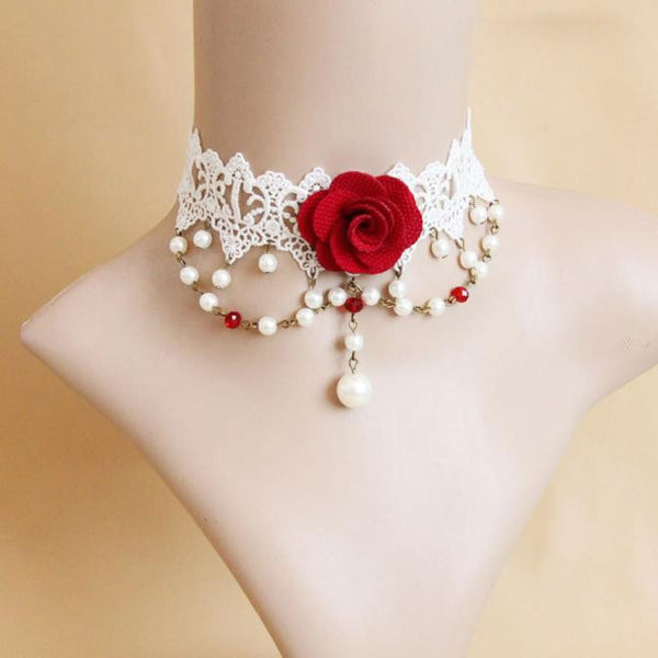 Lolita Gothic Bridal Handmade Red Flower Rose Crystal Drop Lace Choker Necklace